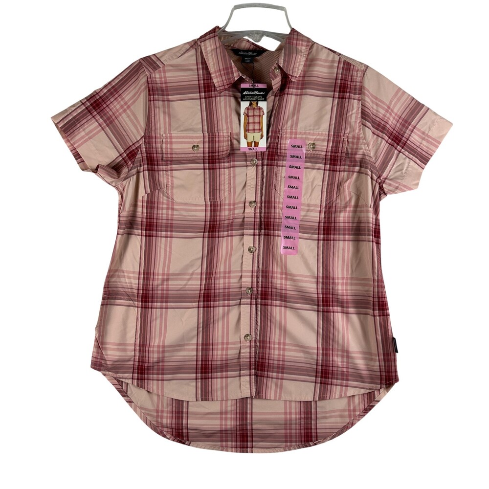 Eddie Bauer Adventure Shirt Womens Small Pink Plaid Short Sleeve UPF 50 Hiking